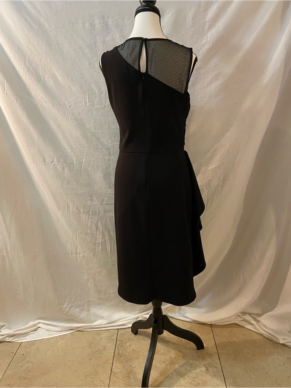 R&M Richards Black Mesh Yoke Midi Sheath Dress